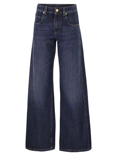 Brunello Cucinelli Women Wide Trousers In Authentic Denim With Jewellery In Blue