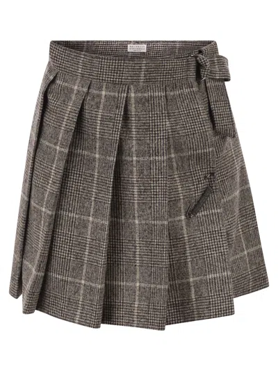 Brunello Cucinelli Women Wool Alpaca Prince Of Wales Skirt With Brooch In Multi