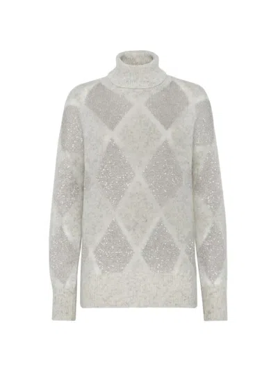 Brunello Cucinelli Women's Wool And Mohair Dazzling Argyle Turtleneck Sweater In Pearl Grey