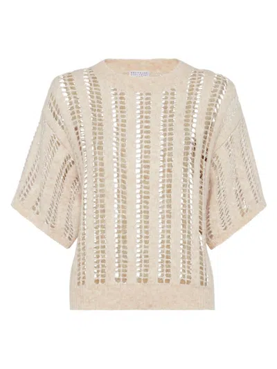 Brunello Cucinelli Sequin-embellished Open-knit Wool And Mohair-blend Sweater In Beige