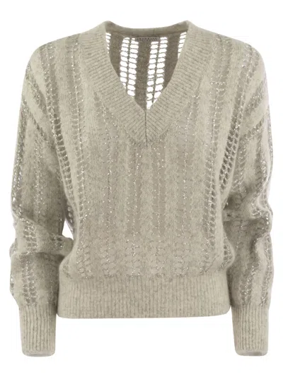 Brunello Cucinelli Silk And Linen V-neck Sweater In Beige