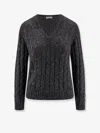 Brunello Cucinelli Textured Ribbed V-neck Sweater With Sparkling Details In Blue