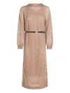 Brunello Cucinelli Hazelnut Color Midi Dress With Waist Belt In Animal Print