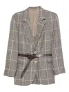 Brunello Cucinelli Belted Checked Wool Jacket With Pockets In Multi