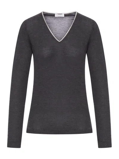 Brunello Cucinelli Women Wool Sweater With Contrasting Trim In Black