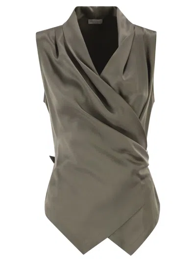 Brunello Cucinelli Women Wrap-around Sleeveless Top In Fine Silk Satin In Gray