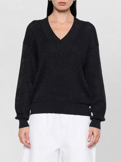 Brunello Cucinelli Womens Ribbed V Neck Long Sleeve Top In Black