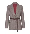 Brunello Cucinelli Belted Bead-embellished Houndstooth Wool-blend Jacket In Gray