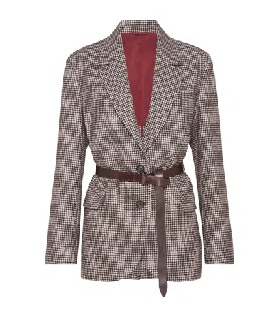 Brunello Cucinelli Wool-alpaca Houndstooth Belted Blazer In Brown