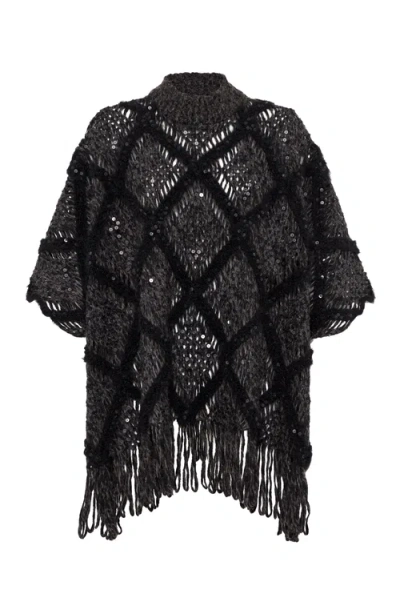 Brunello Cucinelli Wool And Alpaca Knit Poncho With Dazzling Macro Argyle Embroidery In Black