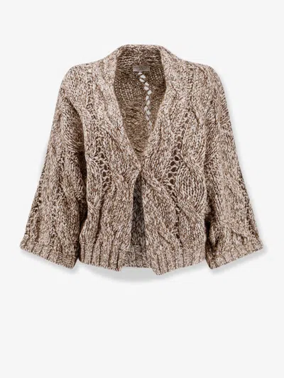 Brunello Cucinelli Wool And Cashmere Cardigan With Sequins In Brown
