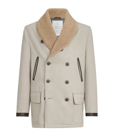 Brunello Cucinelli Wool And Cashmere Cavalry Coat With Thermore Padding And Shearling Collar In Neutral