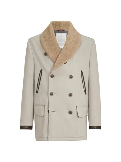 Brunello Cucinelli Wool And Cashmere Cavalry Coat With Thermore® Padding And Shearling Collar In Neutral