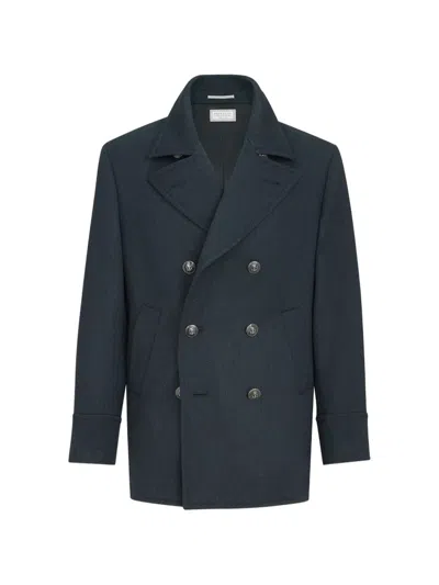 Brunello Cucinelli Wool And Cashmere Cavalry Pea Coat With Metal Buttons In Blue