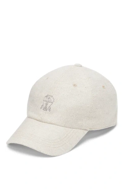 Brunello Cucinelli Wool And Cashmere Chevron Baseball Cap With Embroidered Logo In Butter