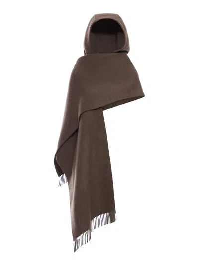 Brunello Cucinelli Wool And Cashmere Knit Scarf With Hood In Brown