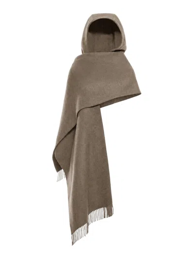 Brunello Cucinelli Wool And Cashmere Knit Scarf With Hood In Brown