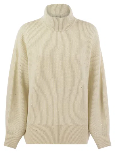Brunello Cucinelli Wool And Cashmere Rib Sweater With Sequins In Cream