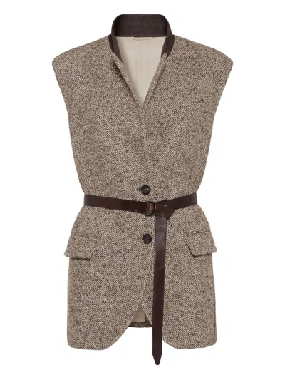 Brunello Cucinelli Wool And Leathet Buttoned Vest In Gray