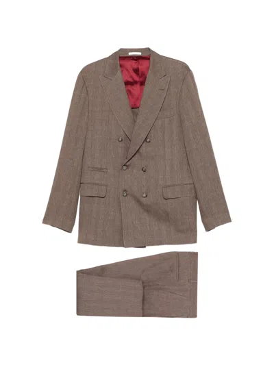 Brunello Cucinelli Leisure Suit In Linen And Wool Chevron In Brown