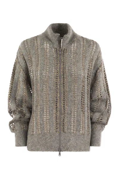 Brunello Cucinelli Wool And Mohair Cardigan With Mesh Workmanship In Gray