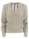 Brunello Cucinelli Silk And Linen V-neck Sweater In Pearl