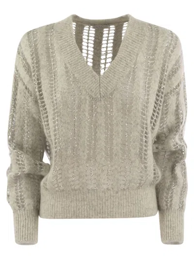 Brunello Cucinelli Wool And Mohair V-neck Sweater In Pearl