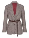 Brunello Cucinelli Belted Bead-embellished Houndstooth Wool-blend Jacket