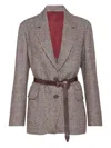 Brunello Cucinelli Belted Bead-embellished Houndstooth Wool-blend Jacket In Gray