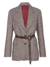 Brunello Cucinelli Belted Bead-embellished Houndstooth Wool-blend Jacket In Gray