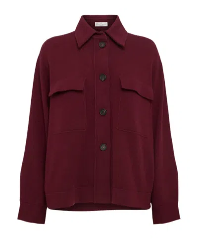 Brunello Cucinelli Wool Blend Cardigan In Burgundy
