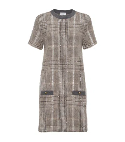 BRUNELLO CUCINELLI WOOL-BLEND CHECKED MINI DRESS