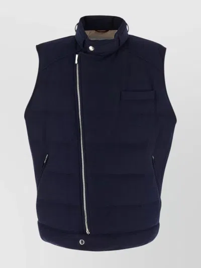 Brunello Cucinelli Wool Blend Sleeveless Down Jacket With Chest Pocket In Blue