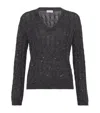 Brunello Cucinelli Textured Ribbed V-neck Sweater With Sparkling Details In Gray