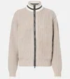 Brunello Cucinelli Cashmere Feather Yarn English Rib Knit Cardigan With Shiny Trims In Grey