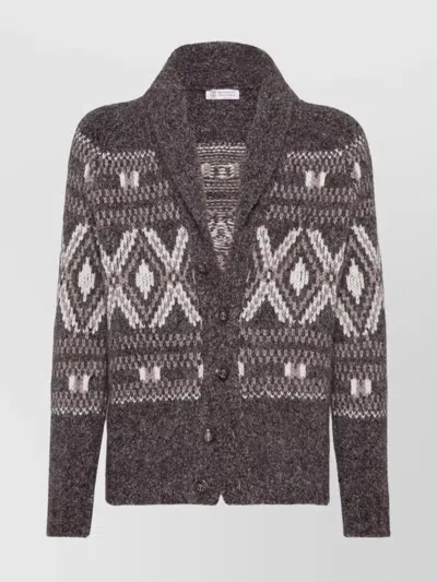 Brunello Cucinelli Wool Cardigan V-neck Geometric Pattern In Gray