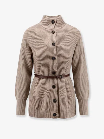 Brunello Cucinelli Wool, Cashmere, And Silk Blend Cardigan In Beige