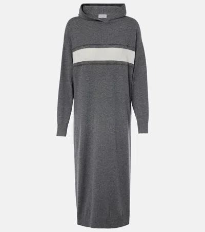 Brunello Cucinelli Wool, Cashmere, And Silk Midi Dress In Grey