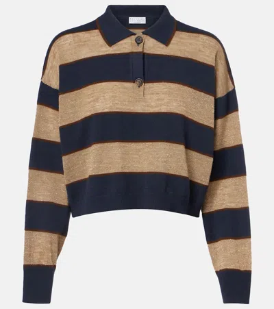Brunello Cucinelli Wool, Cashmere, And Silk Polo Sweater In Blue