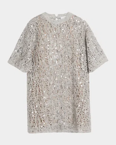 Brunello Cucinelli Wool-cashmere Cocco Knit Paillette Mini Shift Dress In Silver
