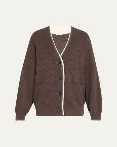 Brunello Cucinelli Wool-cashmere Contrast Stripe V-neck Cardigan In Brown