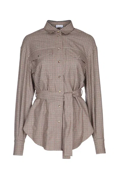 Brunello Cucinelli Belted Bead-embellished Checked Wool Shirt In Brown