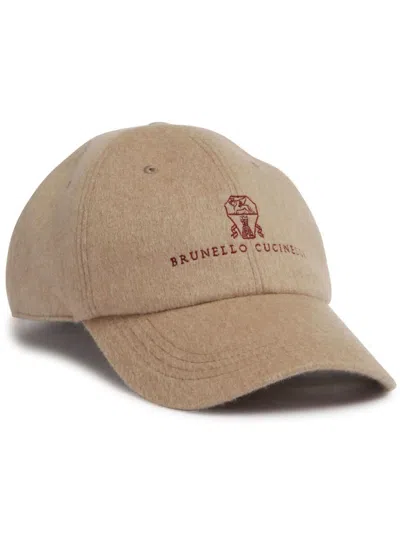 Brunello Cucinelli Wool-cotton Blend Cap With Embroidered Logo And Adjustable Strap In Neutrals
