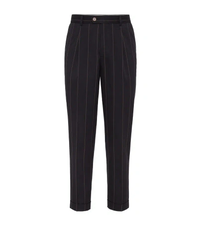 Brunello Cucinelli Wool-cotton Chalk-stripe Trousers In Black