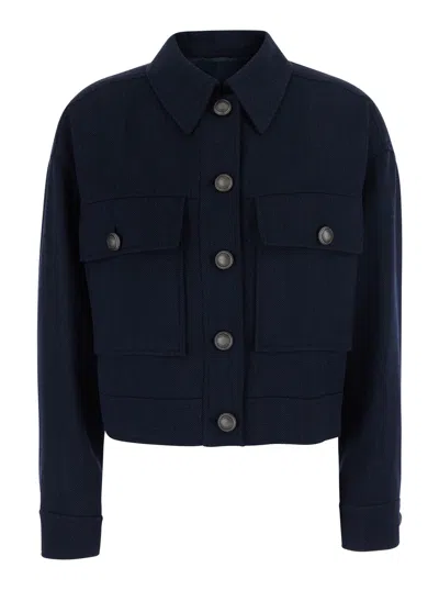 Brunello Cucinelli Wool Crop Jacket With Classic Collar And Monile Decoration In Multi