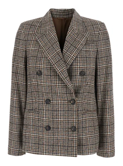 Brunello Cucinelli Wool Double-breasted Blazer With Peak Revers And All-over Check Motif In Black
