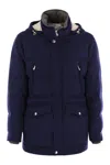 Brunello Cucinelli Men Wool Down Jacket With Detachable Hood In Blue