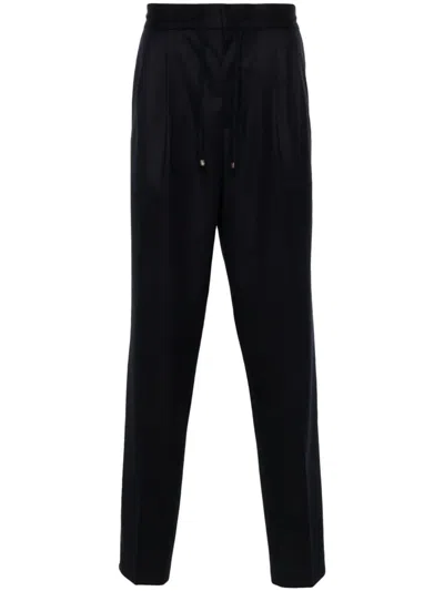 Brunello Cucinelli Wool Flannel Leisure Fit Trousers With Drawstring And Double Pleats In Blue