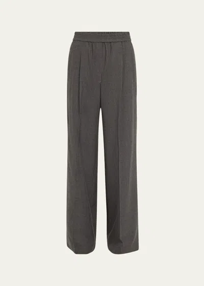 Brunello Cucinelli Wool Flannel Wide-leg Pants With Pleated Detail In C001 Dark Grey