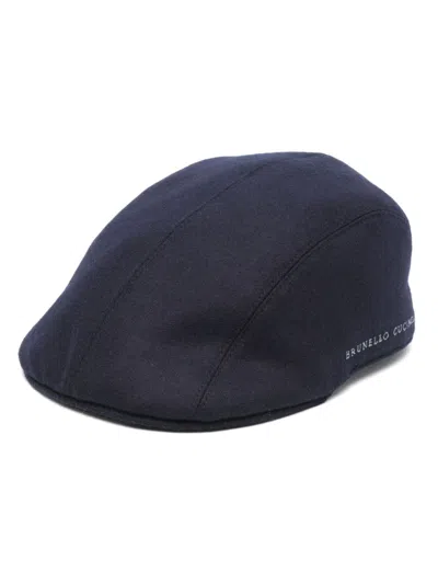 Brunello Cucinelli Virgin Wool Flannel Flat Cap With Embroidery In Marine